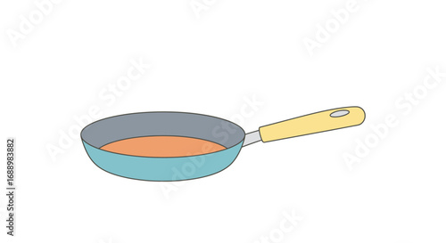 A Simple Cartoon Illustration of a Frying Pan with a Light Orange Liquid Inside and a Yellow Handle Perfect for Kitchenware and Cooking Content