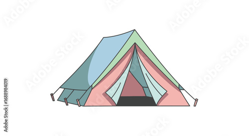 A colorful A-frame tent set up for camping in the wilderness surrounded by nature and adventure opportunities