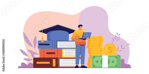 Illustration of person with laptop surrounded by books, graduation cap, and money, symbolizing education costs and financial planning