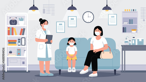 Illustration of masked healthcare professional consulting with child and guardian in clinic setting, symbolizing safety and pediatric care