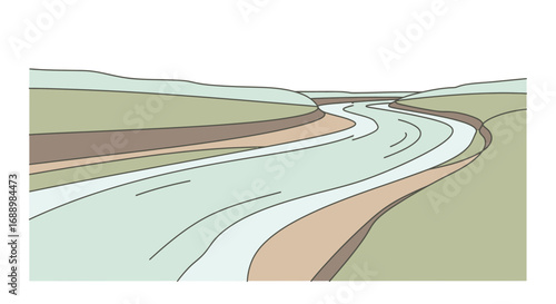 A Winding River Flowing Through a Valley with Gentle Slopes Leading to Distant Horizons