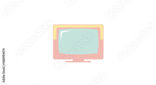 A vintage style retro television monitor with a pastel pink and yellow frame displaying a light blue screen on a stand against a white background