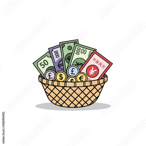A woven basket overflowing with various international currency banknotes and coins, symbolizing wealth and global finance.