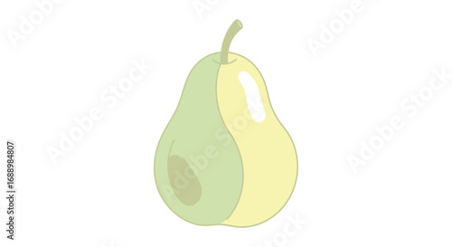 A single ripe pear with two distinct colorations one half is a pale yellow and the other is a light green fruit isolated on a white background