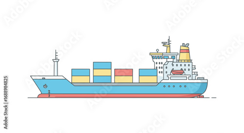 A large cargo ship filled with containers sails across the ocean delivering goods worldwide as part of global logistics and supply chain operations transporting commerce