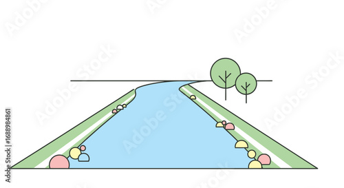 Illustrative Diagram of a Man Made Water Reservoir with Earth Embankment and Revegetation Efforts Showing Natural Elements Like Trees and Rocks