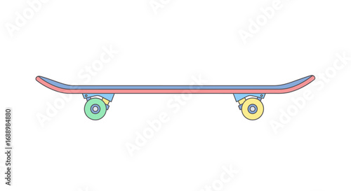 A brightly colored skateboard with pastel wheels rests on a white background representing an element of outdoor recreation and urban sports culture