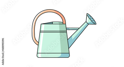 A light green watering can with a light orange handle and a light blue spout is illustrated against a white background