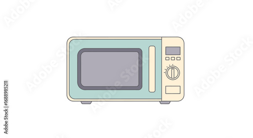 Retro style microwave oven with a light blue and cream exterior displaying cooking timer and knob controls on a white background
