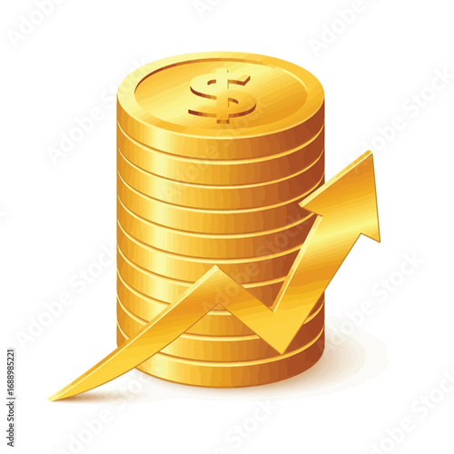 A stack of golden dollar coins with an upward-trending arrow symbolizing financial growth and investment success on a white background.