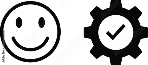 Smiley face icon and gear with checkmark, positive feedback, settings confirmation, happiness symbol, success, approval, satisfaction, vector illustration.