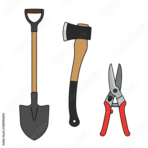 A vibrant flat 2D vector illustration set features a sturdy shovel, a sharp axe, and practical pruning shears, all isolated on a clean white background.