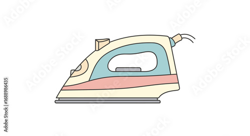 An illustration of a household steam iron used for smoothing wrinkles from fabrics and garments with its heated soleplate and water reservoir
