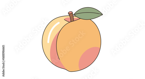 A single perfectly ripe peach with a stem and a green leaf sits on a clean white background showcasing its fuzzy skin and vibrant colors