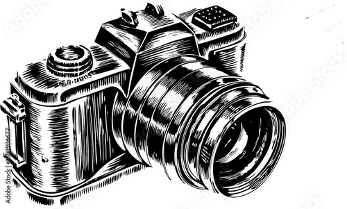 Vintage camera equipment on white background with metal parts, lens, valve, and plumbing components