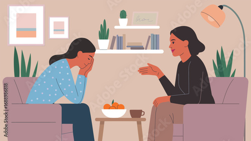 Illustration of two individuals in cozy room during emotional conversation, symbolizing therapy, support, and mental health care