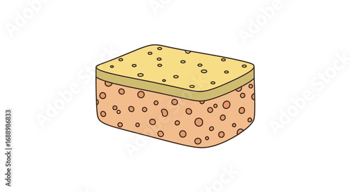 A colorful rectangular sponge with a textured surface and many circular indentations on its sides and top ideal for cleaning and scrubbing purposes