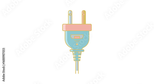 An illustration of a blue electrical plug with a cord attached and a pink colored top and also a white colored part on the bottom