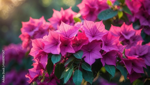 Bright pink and purple bougainvillaea flowers in a lush garden setting.