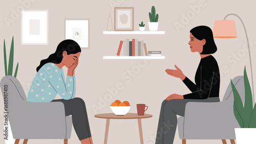Illustration of two individuals in cozy room during emotional conversation, symbolizing therapy, support, and mental health care