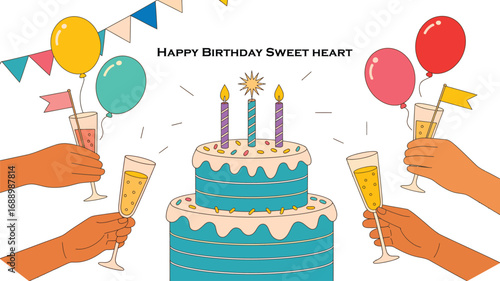 Festive birthday scene with blue cake, candles, champagne glasses, balloons, and “HAPPY BIRTHDAY SWEET HEART!” text in celebratory setting