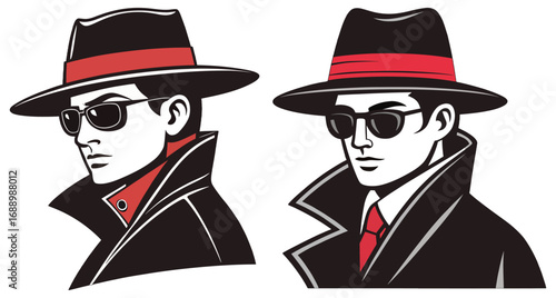 Classic detective character in noir style wearing black overcoat red tie and dark glasses