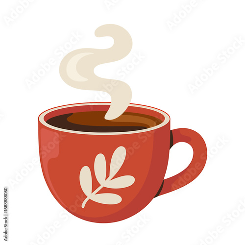 Steaming cup of hot drink, perfect for a chilly day with a leaf design, conveying warmth and comfort in a simplistic way.