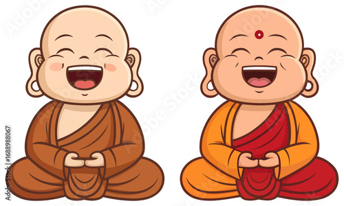 Smiling Buddhist monk characters in traditional attire sitting cross legged in cheerful meditation pose