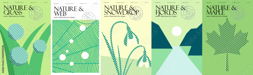 custom made wallpaper toronto digitalNature and environment. Vector modern abstract illustrations of dew on grass, spider web, snowdrop, norwegian fjords, maple leaf for eco poster, background and cover