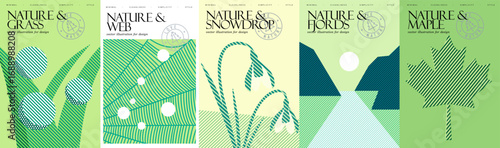 Nature and environment. Vector modern abstract illustrations of dew on grass, spider web, snowdrop, norwegian fjords, maple leaf for eco poster, background and cover