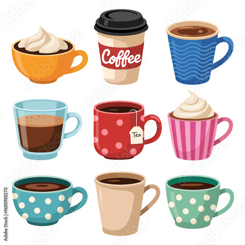 Selection of colorful cartoon coffee mugs with varying designs and styles perfect for social media posts and design projects.