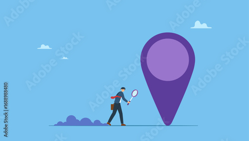 Curious businessman search with magnifying glass with map location pin. Location search for business address, map or direction to navigate or find position, office location street information.