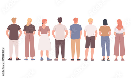 Illustration of eight diverse individuals standing in a row facing away, symbolizing inclusion, anonymity, and group identity on white background