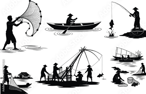 Fishing silhouettes, traditional fishermen, net casting, boat fishing, rod and line, rural water activity vector illustration