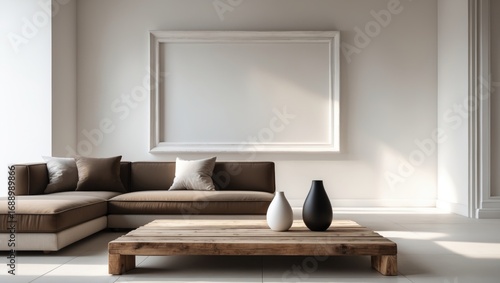 Modern living room with a brown sectional sofa  white and brown cushions  a rustic wooden coffee table  and minimalistic decor with natural light.