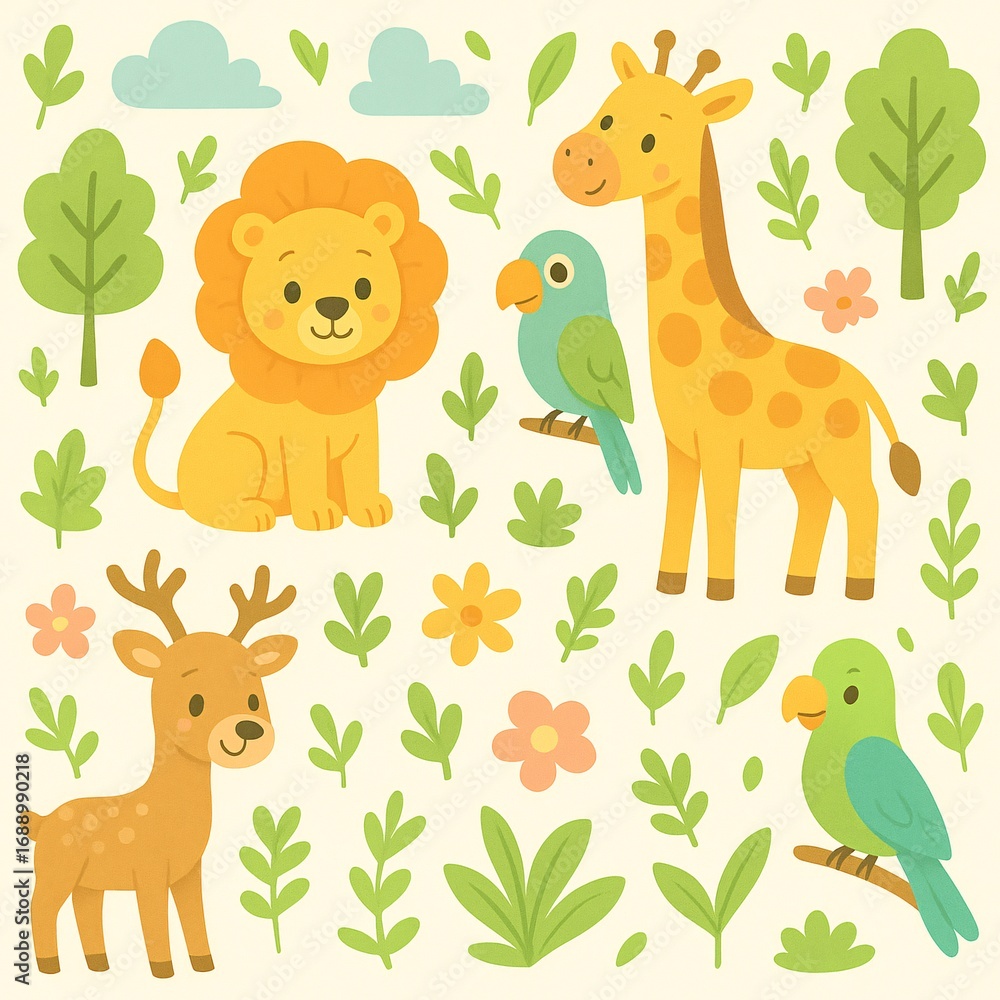 Naklejka premium Seamless pattern of cute cartoon jungle animals including lions, giraffes, parrots, and deer in a cheerful and colorful setting.