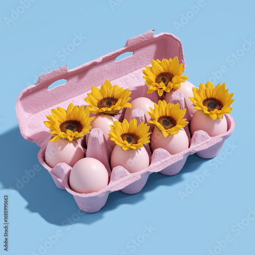 Pink egg cartons, with sunflowers inside. Creative concept,minimalism,pastel color