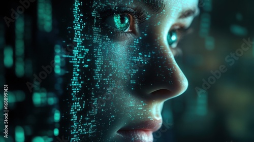 Close-up of a young woman's face with digital data overlay and glowing binary code highlighting futuristic technology and human connection in cyberspace