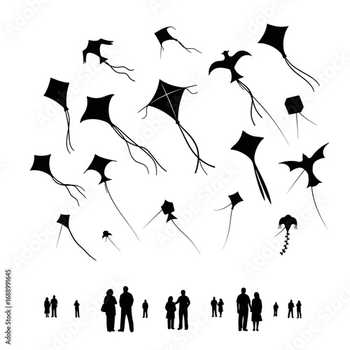 vector silhouettes of people in different poses with kites