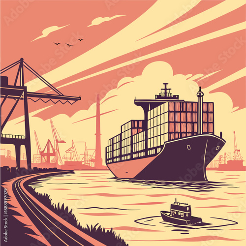 Cargo Ship at Sunset in a Port