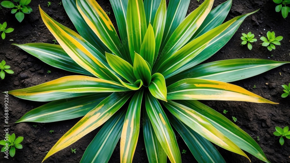 Obraz premium Colorful variegated plant with green and yellow leaves growing in soil, surrounded by small green clover-like plants.