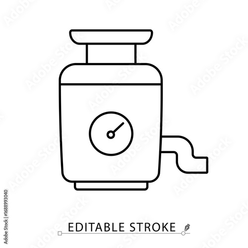 Garbage disposal unit icon with dial and pipe for kitchen sink. Waste grinder, food disposer, sink appliance, household device for crushing food scraps, plumbing system.