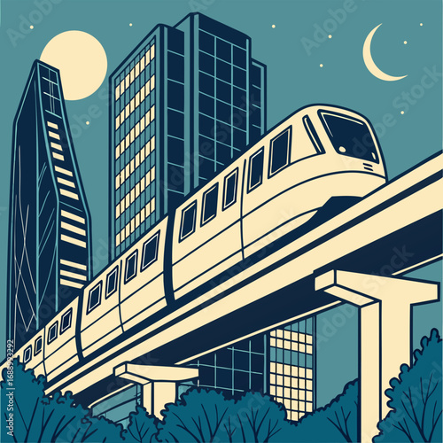 Elevated Monorail Transit System at Night in a City