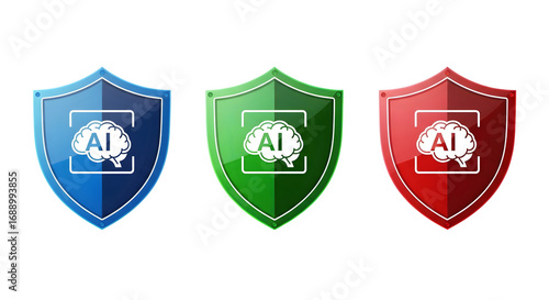 Blue, green, red shield icons display AI brain logo. Use it for branding, technology visuals, UI design.