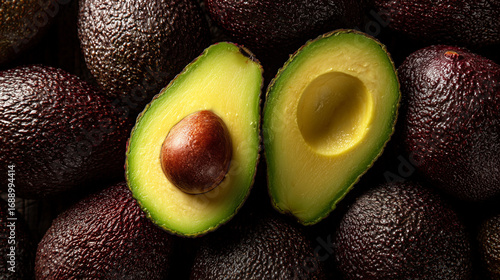an overhead top-view angle of a massive pile of ripe avocados, appearing small due to the high perspective
