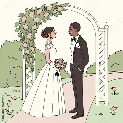 Happy Couple at Wedding Arch in Garden