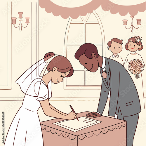 Happy Couple Signing Wedding Documents Pastel Illustration