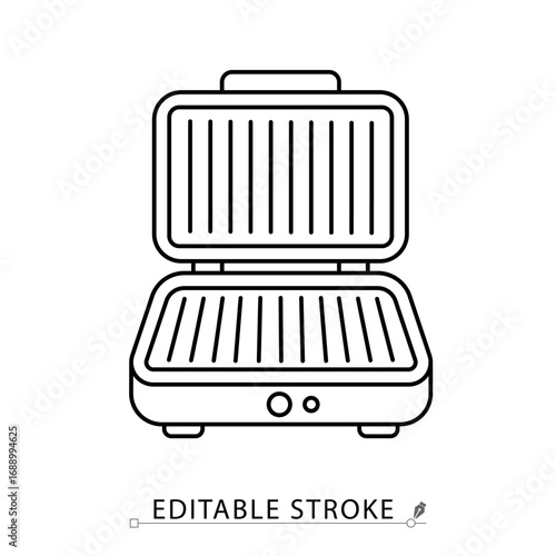 An electric grill icon in minimalist style with editable stroke. Kitchen appliance, cooking equipment, household device, modern technology, domestic utility, electric machine
