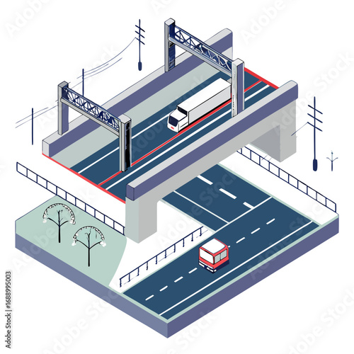 Isometric Illustration of Highway Overpass with Truck and Car