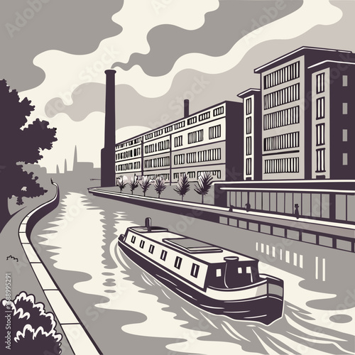 Monochrome Illustration of a Canal Boat Passing Industrial Buildings